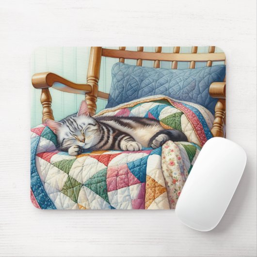 Sweet Grey Kat Slapen op een Quilt Muismat (Met muis)