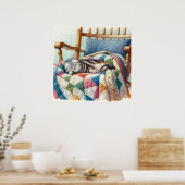 Sweet Grey Kat Slapen op een Quilt Poster (Keuken)