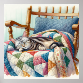 Sweet Grey Kat Slapen op een Quilt Poster