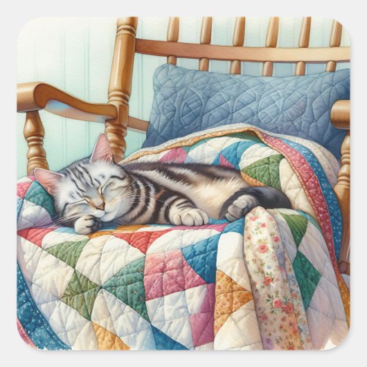 Sweet Grey Kat Slapen op een Quilt Vierkante Sticker (Voorkant)