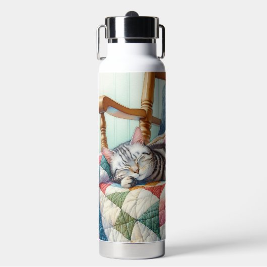 Sweet Grey Kat Slapen op een Quilt Waterfles (Voorkant)