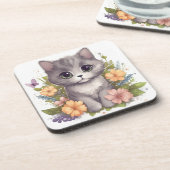 Sweet Grey Kitten met Flowers Kawaii Chibi Bier Onderzetter (Linkerzijde)