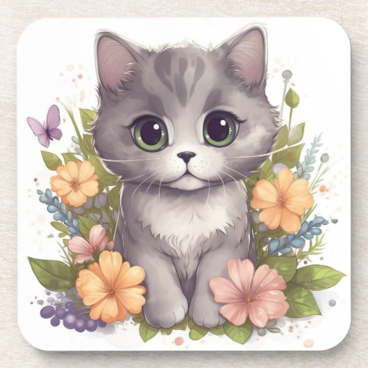 Sweet Grey Kitten met Flowers Kawaii Chibi Bier Onderzetter (Voorkant)