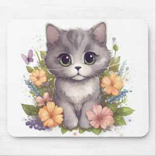 Sweet Grey Kitten met Flowers Kawaii Chibi Muismat