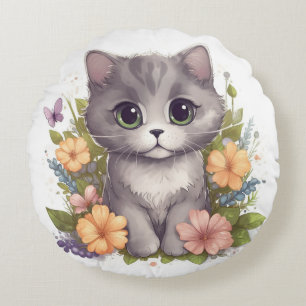 Sweet Grey Kitten met Flowers Kawaii Chibi Rond Kussen