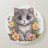 Sweet Grey Kitten met Flowers Kawaii Chibi Rond Kussen (Achterkant)