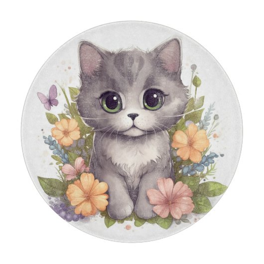 Sweet Grey Kitten met Flowers Kawaii Chibi Snijplank (Voorkant)