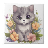 Sweet Grey Kitten met Flowers Kawaii Chibi Tegeltje (Voorkant)