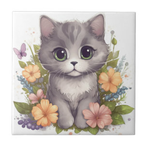 Sweet Grey Kitten met Flowers Kawaii Chibi Tegeltje