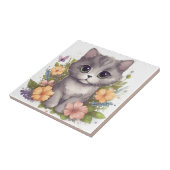 Sweet Grey Kitten met Flowers Kawaii Chibi Tegeltje (Zijkant)