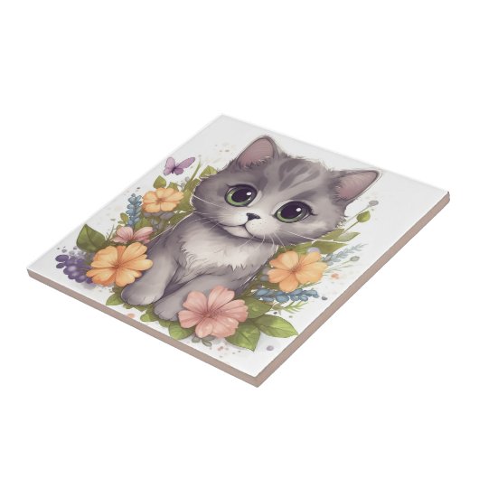 Sweet Grey Kitten met Flowers Kawaii Chibi Tegeltje (Zijkant)