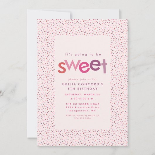 Sweet harten en sproinkles roze verjaardagsfeestje aankondiging (Voorkant)