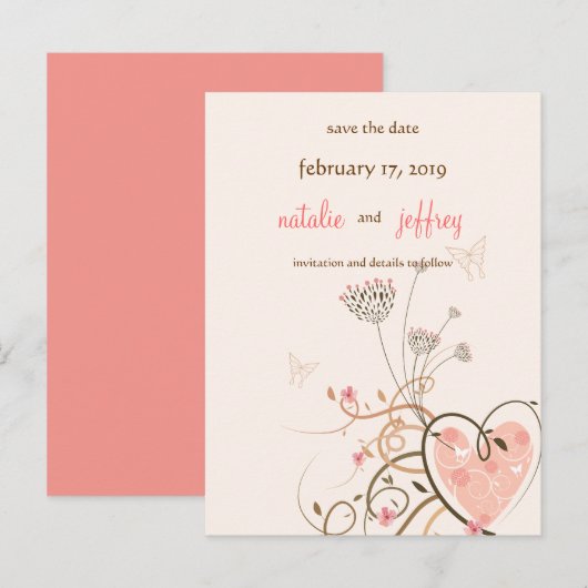 Sweet Heart & Butterfly Swirls sparen de Datum Kaa Aankondigingskaart (Voorkant / Achterkant)