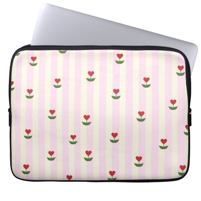 Sweet Heart Flower Pattern – Soft Pink Striped  Laptop Sleeve (Voorkant)