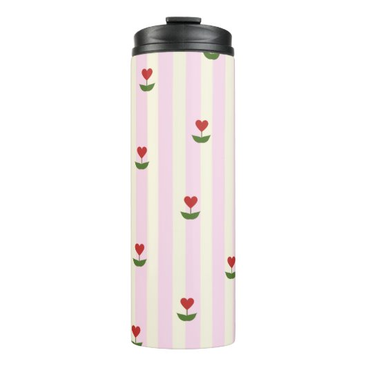 Sweet Heart Flower Pattern – Soft Pink Striped  Thermosbeker (Voorkant)