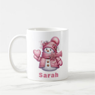 Sweet Heart Holding Pink Snowman Kerstmis Koffiemok