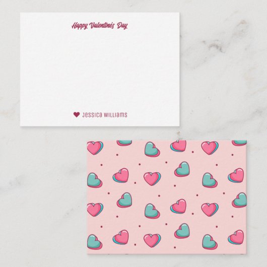 Sweet Heart Love Pattern Roze Valentijnsdag Notitiekaartje (Voorkant / Achterkant)