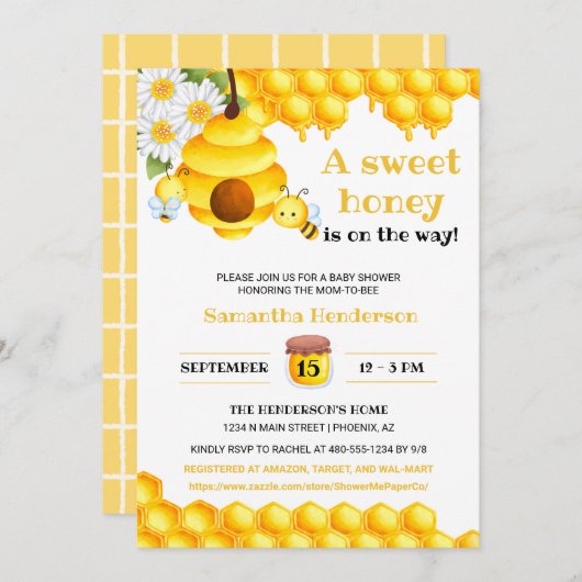 Sweet Honey Bee Baby shower Uitnodigen Kaart (Voorkant / Achterkant)