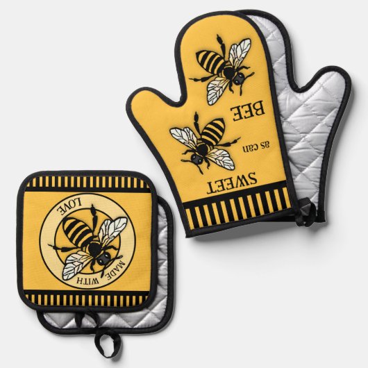 Sweet Honey Bee Ocher Zwart Ovenwant & Pannenlap Set (Voorkant / Achterkant)