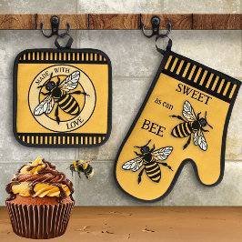 Sweet Honey Bee Ocher Zwart Ovenwant & Pannenlap Set
