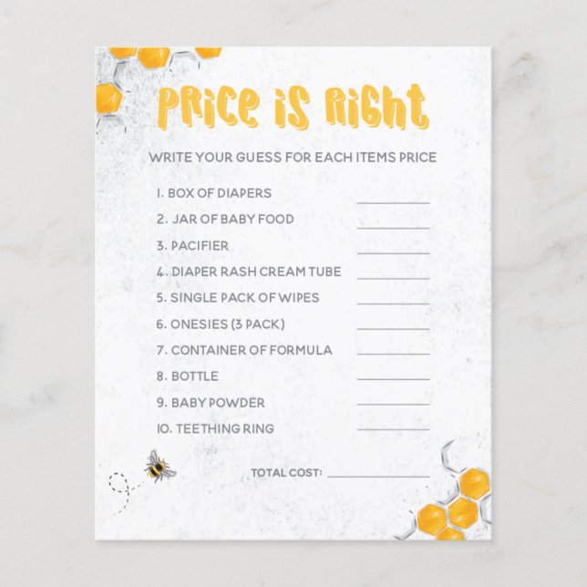 Sweet Honey Bee Yellow Baby shower Game (Voorkant)