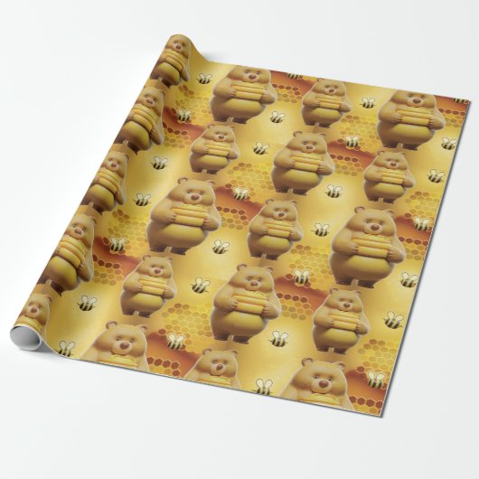 Sweet Honey Beren en Bijen 3D Naadloos Patroon Cadeaupapier (Uitgerold)