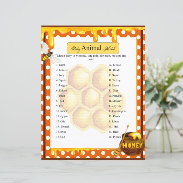 Sweet Honeybee Baby shower Animal Match spel (Staand voorkant)