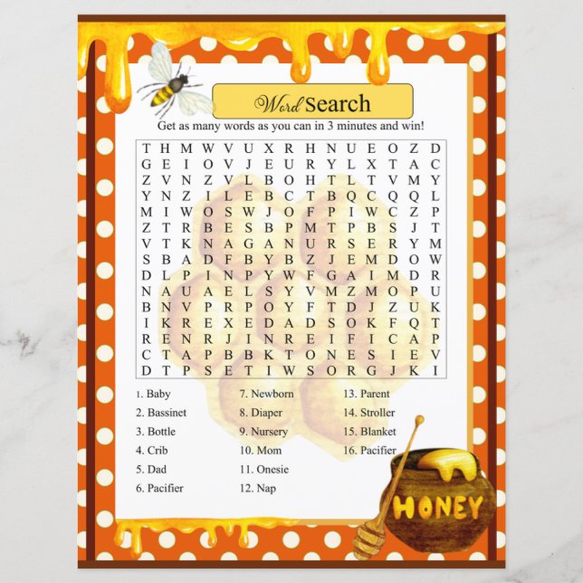 Sweet Honeybee Baby shower woord zoeken spel (Voorkant)
