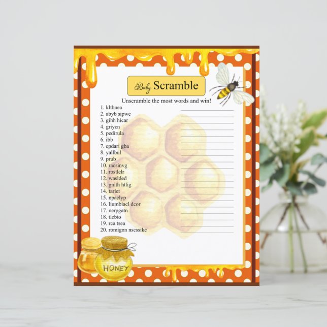 Sweet Honeybee Baby shower Word Scramble Game (Staand voorkant)