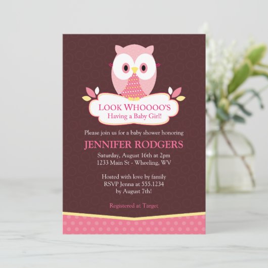 Sweet Hoot Owl Baby Shower Invitations - Roze Kaart (Staand voorkant)