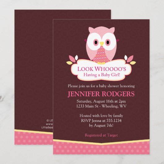 Sweet Hoot Owl Baby Shower Invitations - Roze Kaart (Voorkant / Achterkant)