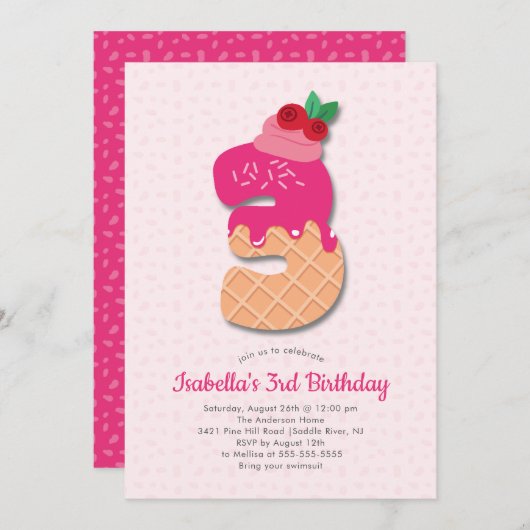 Sweet Ice Cream, 3e verjaardag Uitnodiging (Voorkant / Achterkant)