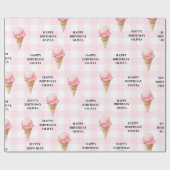 Sweet Ice Cream Birthday Pink Gingham Custom Name Cadeaupapier (Vlak)