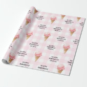 Sweet Ice Cream Birthday Pink Gingham Custom Name Cadeaupapier (Uitgerold)