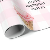 Sweet Ice Cream Birthday Pink Gingham Custom Name Cadeaupapier (Rol Hoek)