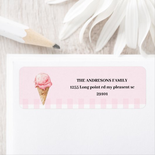 Sweet Ice Cream Cone Pink Gingham Birthday  Etiket (Insitu)