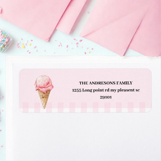 Sweet Ice Cream Cone Pink Gingham Birthday Etiket