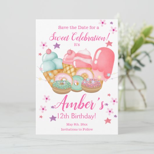 Sweet Ice Cream, Donut Birthday, elke leeftijd Save The Date (Staand voorkant)