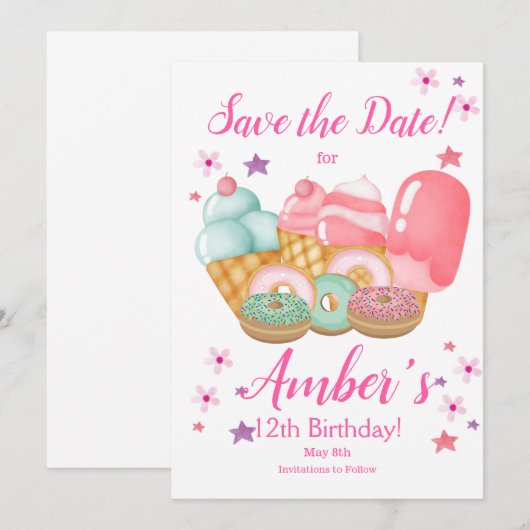 Sweet Ice Cream, Donut Birthday, elke leeftijd Save The Date (Voorkant / Achterkant)