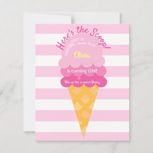 Sweet Ice Cream Girl roze 1e verjaardag uitnodigin (Voorkant)