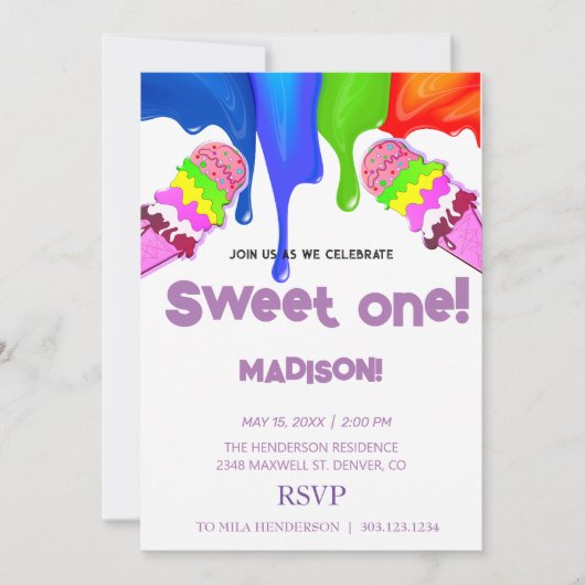 Sweet ICE CREAM regenboogkleuren, Uitnodiging (Voorkant)