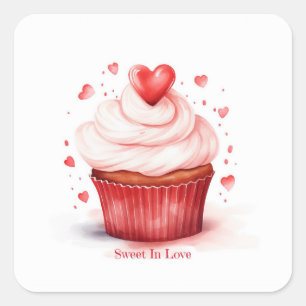Sweet In Love Hearts Cupcake Valentijnsdag Kaart Vierkante Sticker