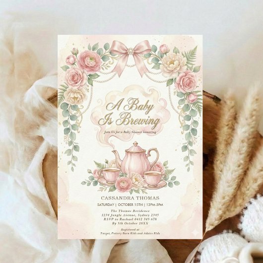 Sweet Is Brewing Blush Floral Baby Shower Tea Kaart