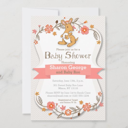 Sweet Kangaroo Floral Baby shower Invitation Kaart (Voorkant)