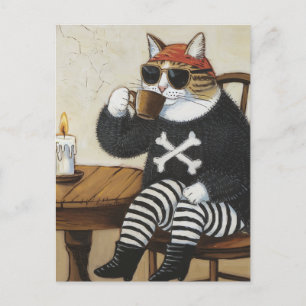 Sweet Kat Pirate in fuzzy zwarte trui koffie Briefkaart