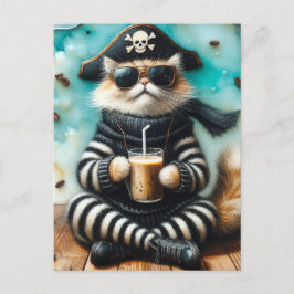 Sweet Kat Pirate met een kopje koffie Briefkaart