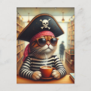 Sweet Kat Pirate met een kopje koffie in een boekw Briefkaart