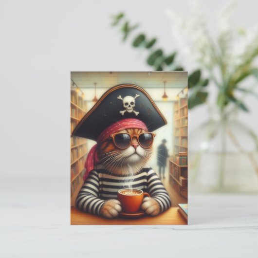 Sweet Kat Pirate met een kopje koffie in een boekw Briefkaart (Staand voorkant)
