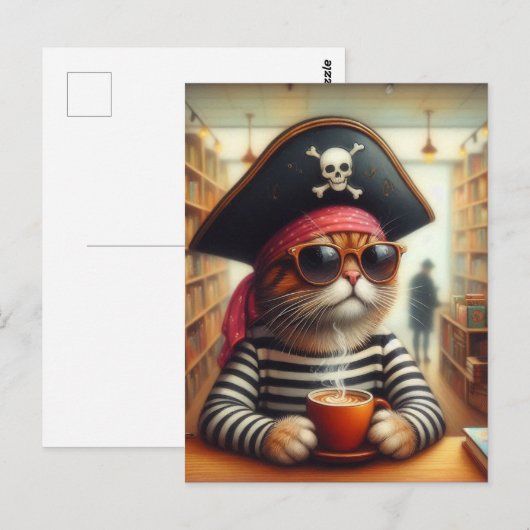 Sweet Kat Pirate met een kopje koffie in een boekw Briefkaart (Voorkant / Achterkant)