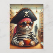 Sweet Kat Pirate met een kopje koffie in een boekw Briefkaart (Voorkant)